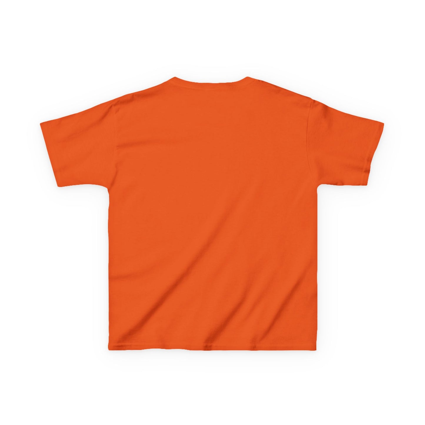 Back view of orange frenchie kids tee made by Printify with short sleeves and simple design