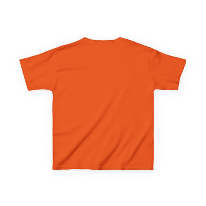 Back view of orange frenchie kids tee made by Printify with short sleeves and simple design