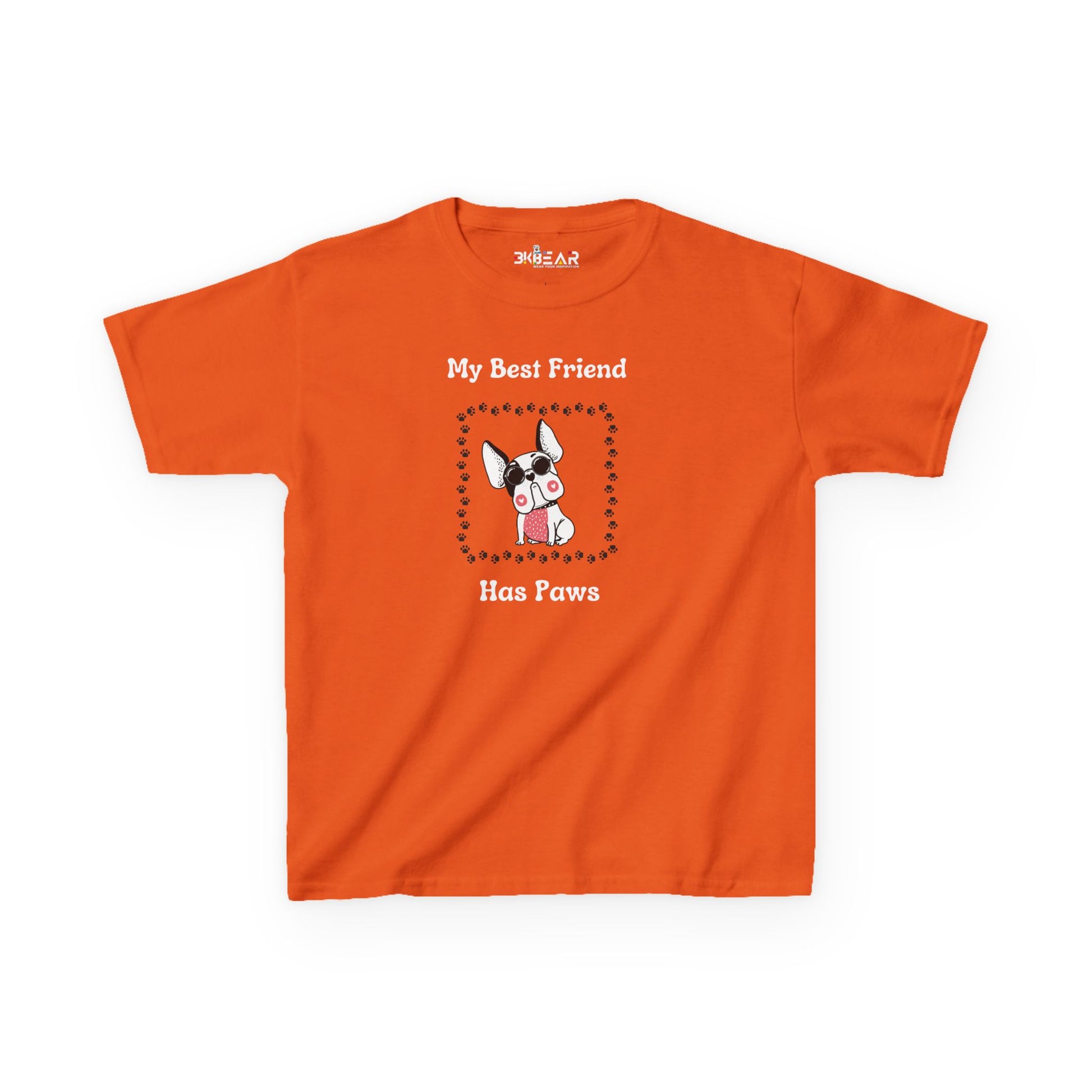 Orange kids shirt with frenchie kids tee design featuring cartoon French Bulldog and text My Best Friend Has Paws