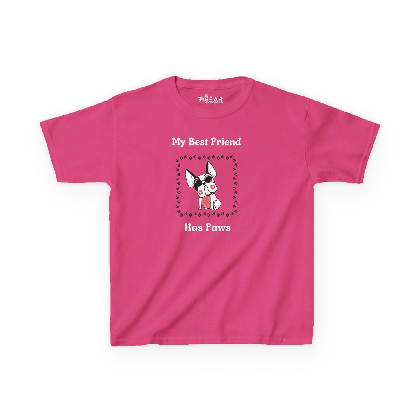 Pink frenchie kids tee with My Best Friend Has Paws text and French Bulldog graphic