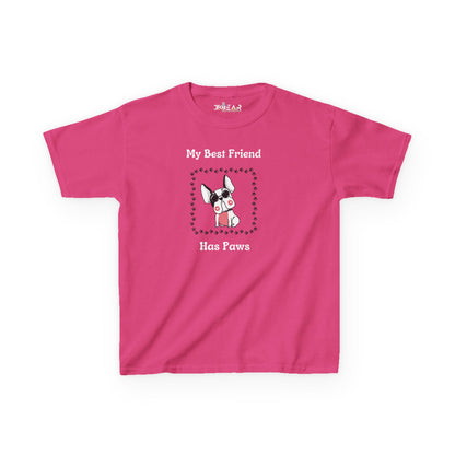 Pink frenchie kids tee with My Best Friend Has Paws text and French Bulldog graphic