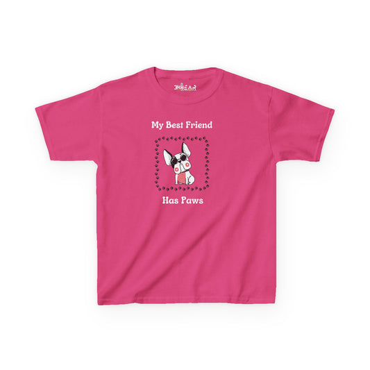Pink frenchie kids tee with My Best Friend Has Paws text and French Bulldog graphic
