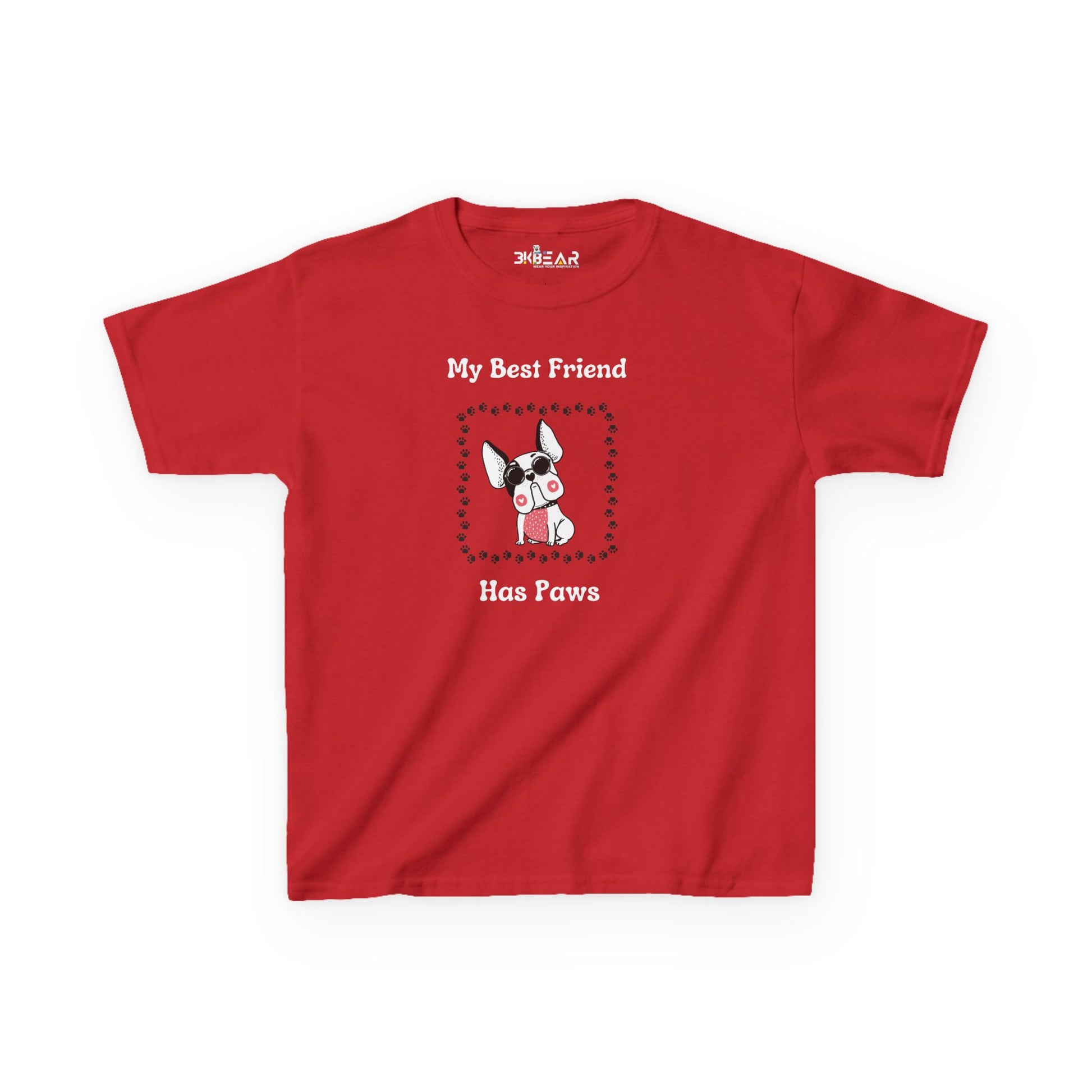 Red frenchie kids tee with My Best Friend Has Paws text and dog graphic from Printify