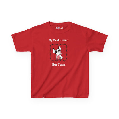 Red frenchie kids tee with My Best Friend Has Paws text and dog graphic from Printify