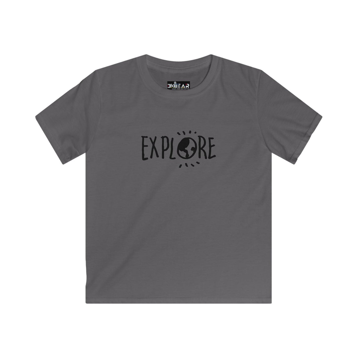 Gray Printify kids t-shirt with Explore design featuring earth graphic inspirational t shirts for kids