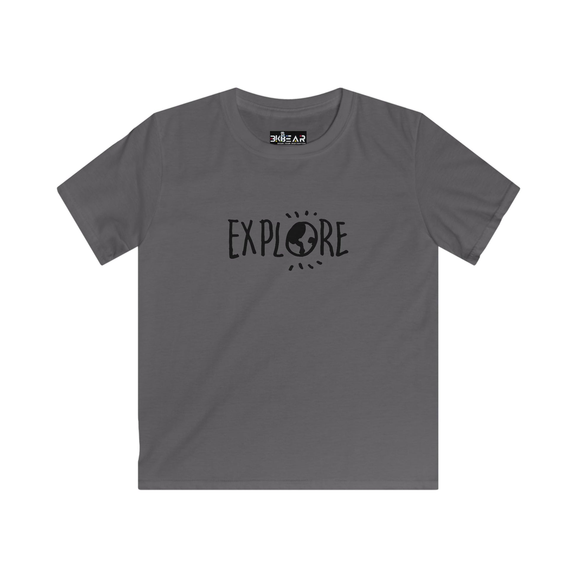 Gray Printify kids t-shirt with Explore design featuring earth graphic inspirational t shirts for kids