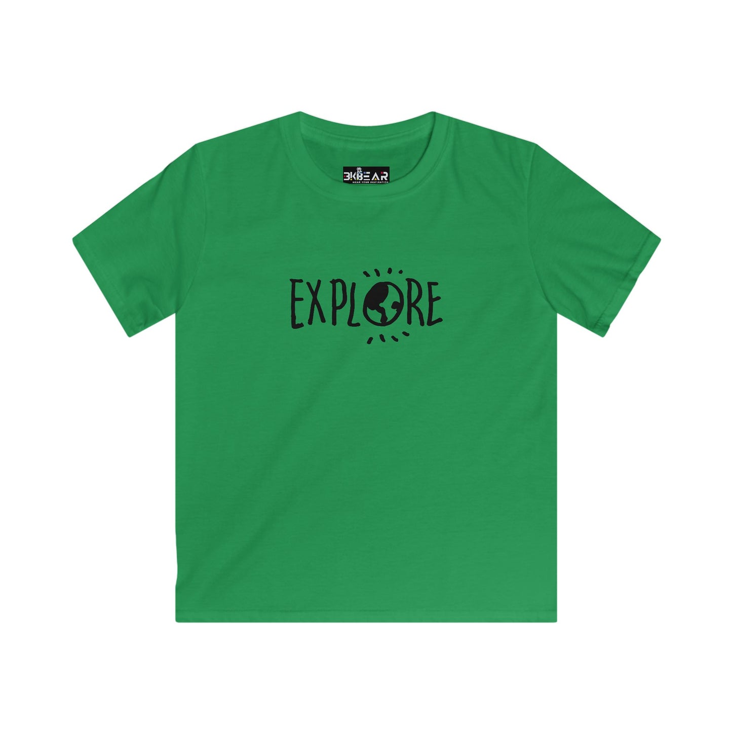 Green Printify kids t-shirt with Explore design, one of the inspirational t shirts for kids