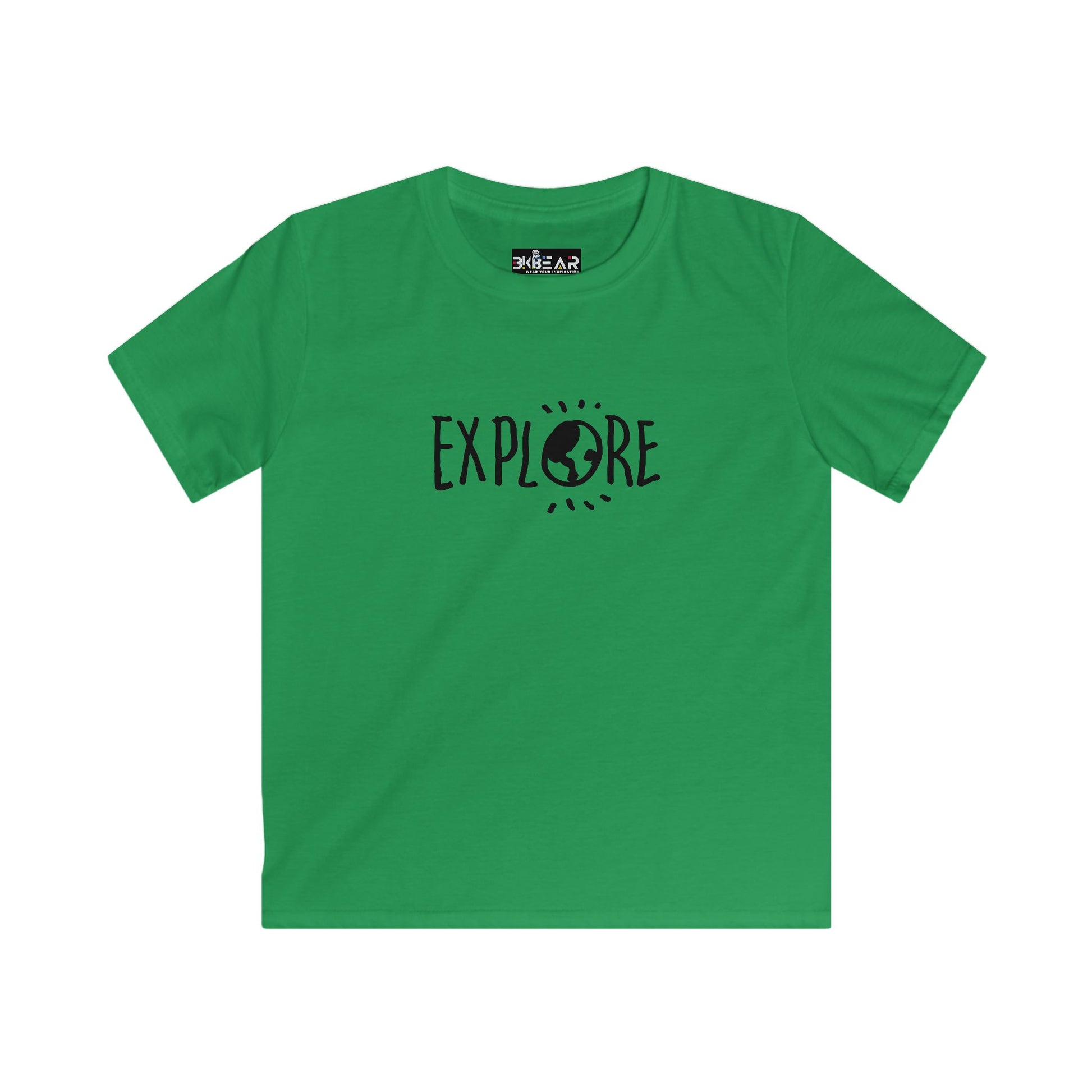 Green Printify kids t-shirt with Explore design, one of the inspirational t shirts for kids