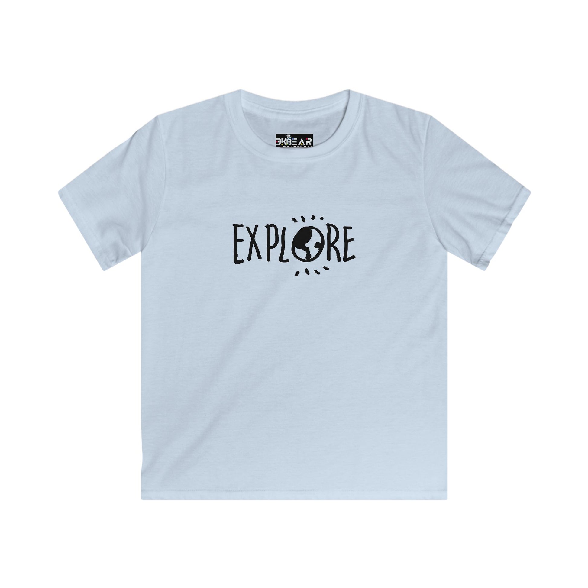 Light blue kids t shirt with Explore design Earth graphic inspirational t shirts for kids