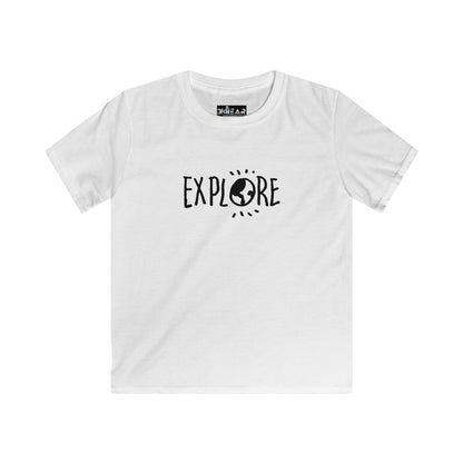 White kids t-shirt with Explore text and globe graphic inspirational t shirts for kids by Printify