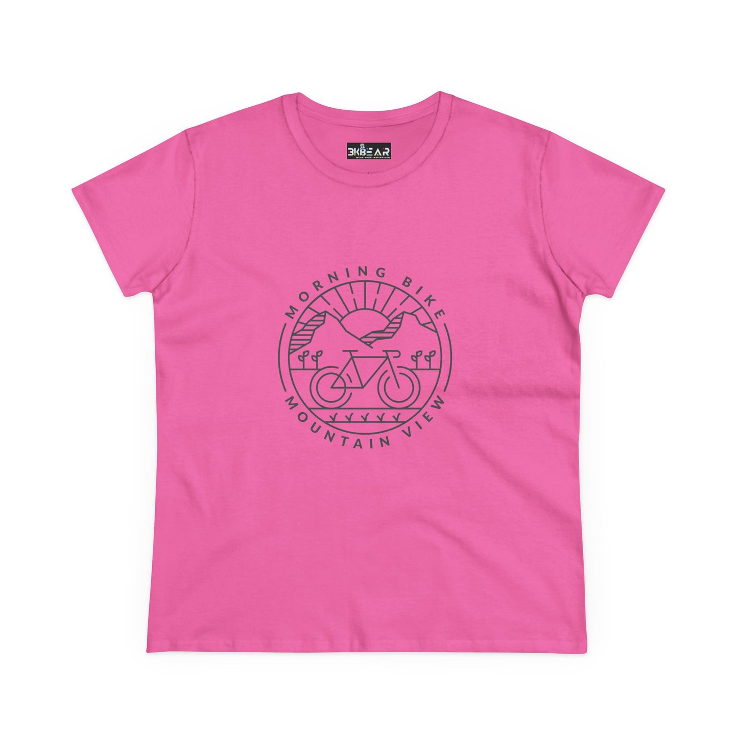 Pink Printify morning bike t-shirt with mountain view and bike graphic design