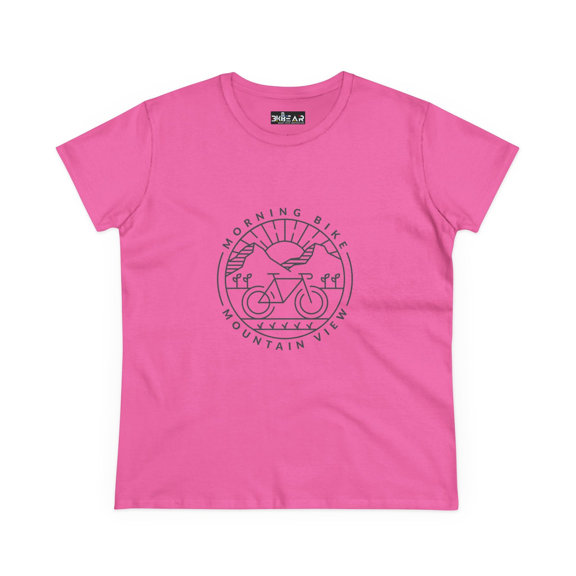 Pink Printify morning bike t-shirt with mountain view and bike graphic design