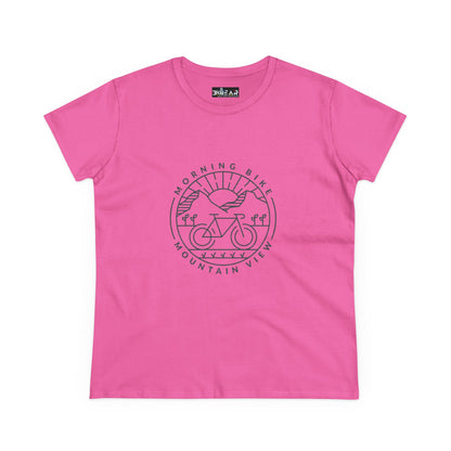 Pink Printify morning bike t-shirt with mountain view and bike graphic design