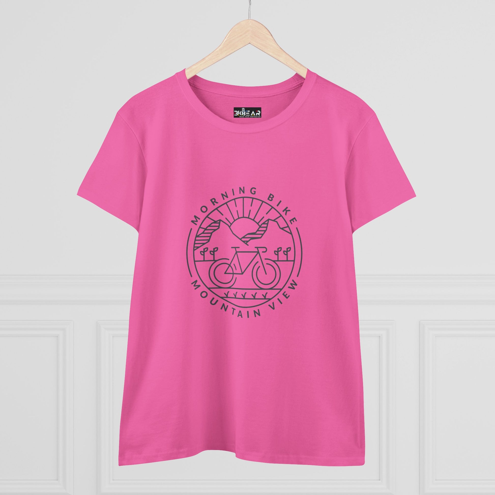 Pink morning bike t-shirt with mountain view and sunrise graphic print on front