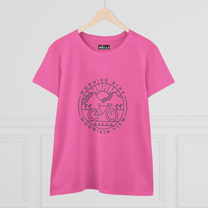 Pink morning bike t-shirt with mountain view and sunrise graphic print on front