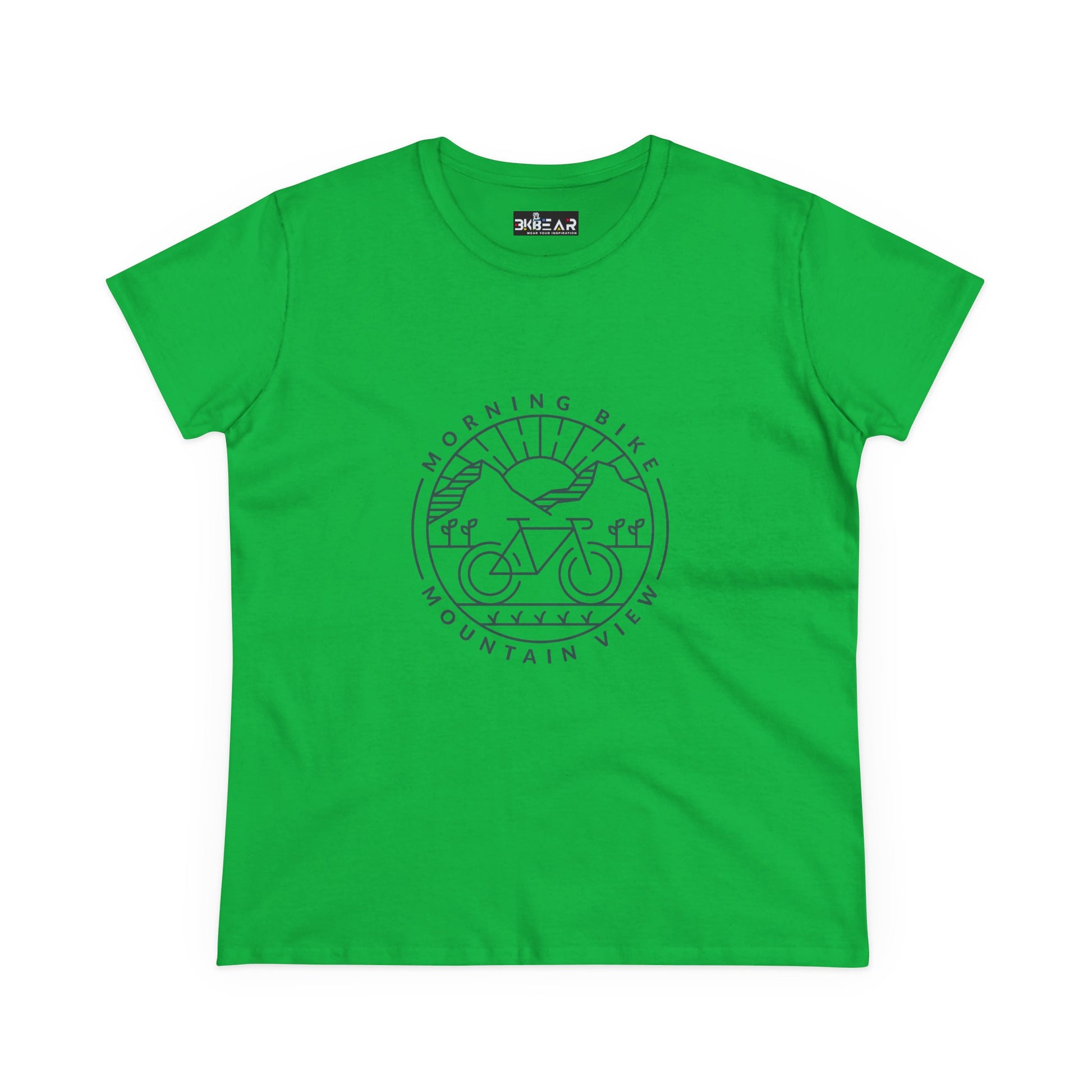 Green Printify T-shirt with morning bike t-shirt design featuring a bicycle and mountain view graphic