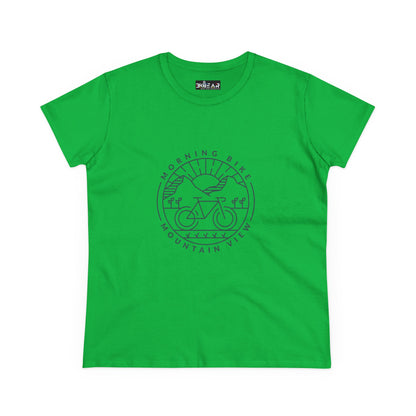 Green Printify T-shirt with morning bike t-shirt design featuring a bicycle and mountain view graphic
