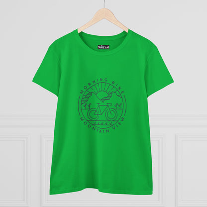 Green Printify morning bike t-shirt with mountain and bicycle graphic on front