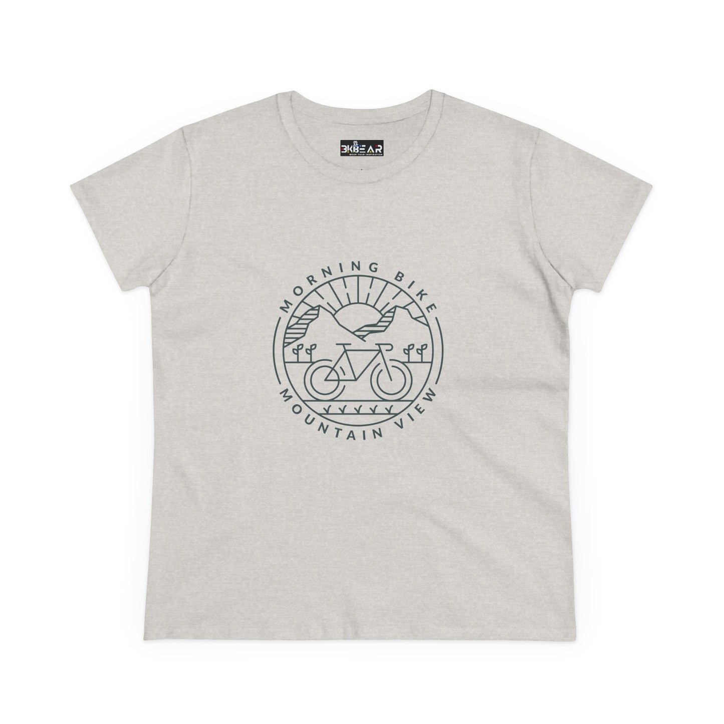 Light gray Printify t-shirt with morning bike t-shirt design showing a bicycle and mountain view