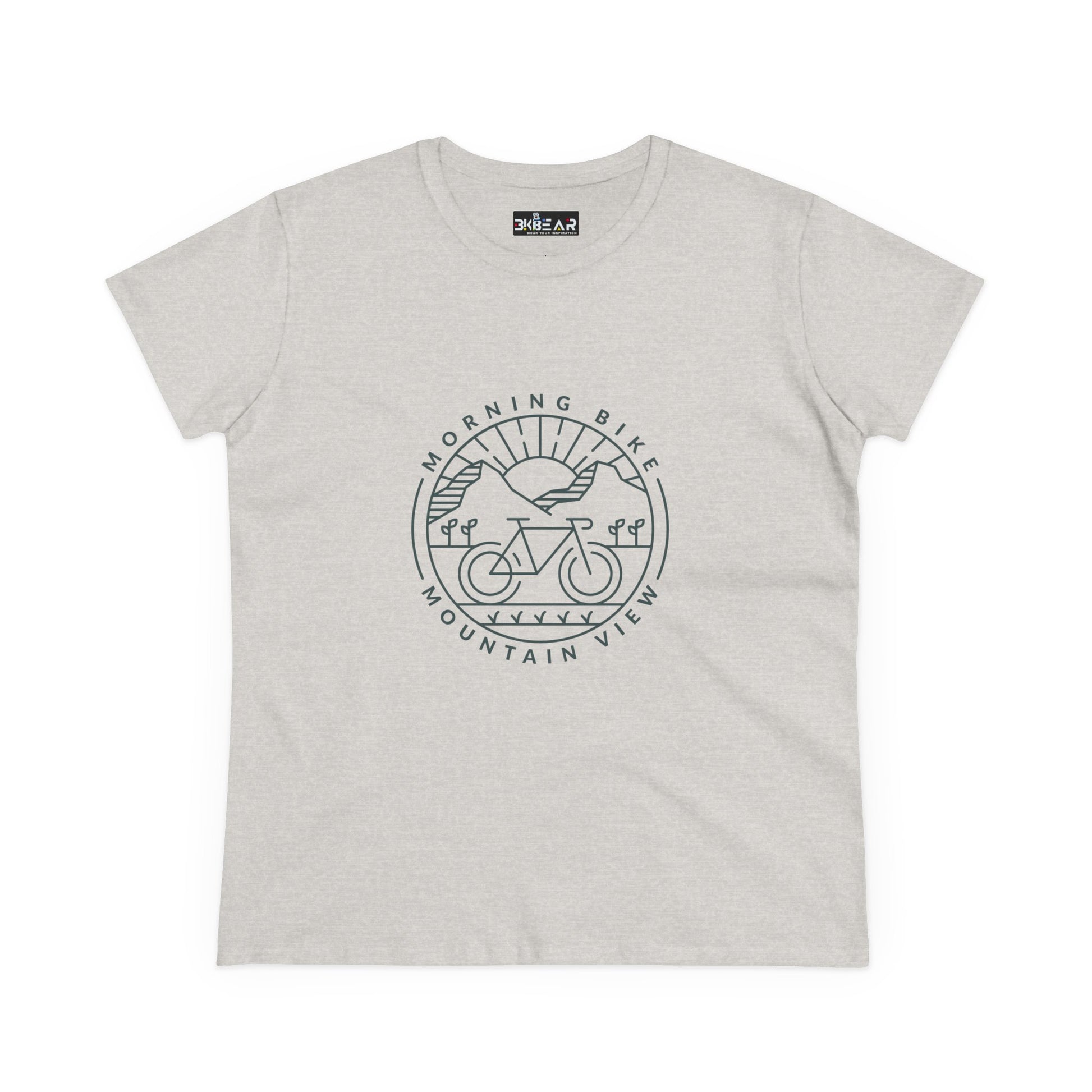 Light gray Printify t-shirt with morning bike t-shirt design showing a bicycle and mountain view