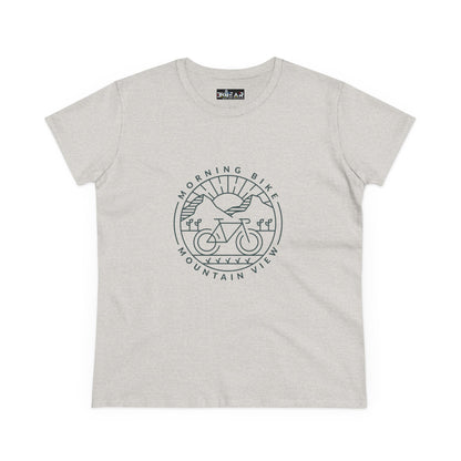 Light gray Printify t-shirt with morning bike t-shirt design showing a bicycle and mountain view
