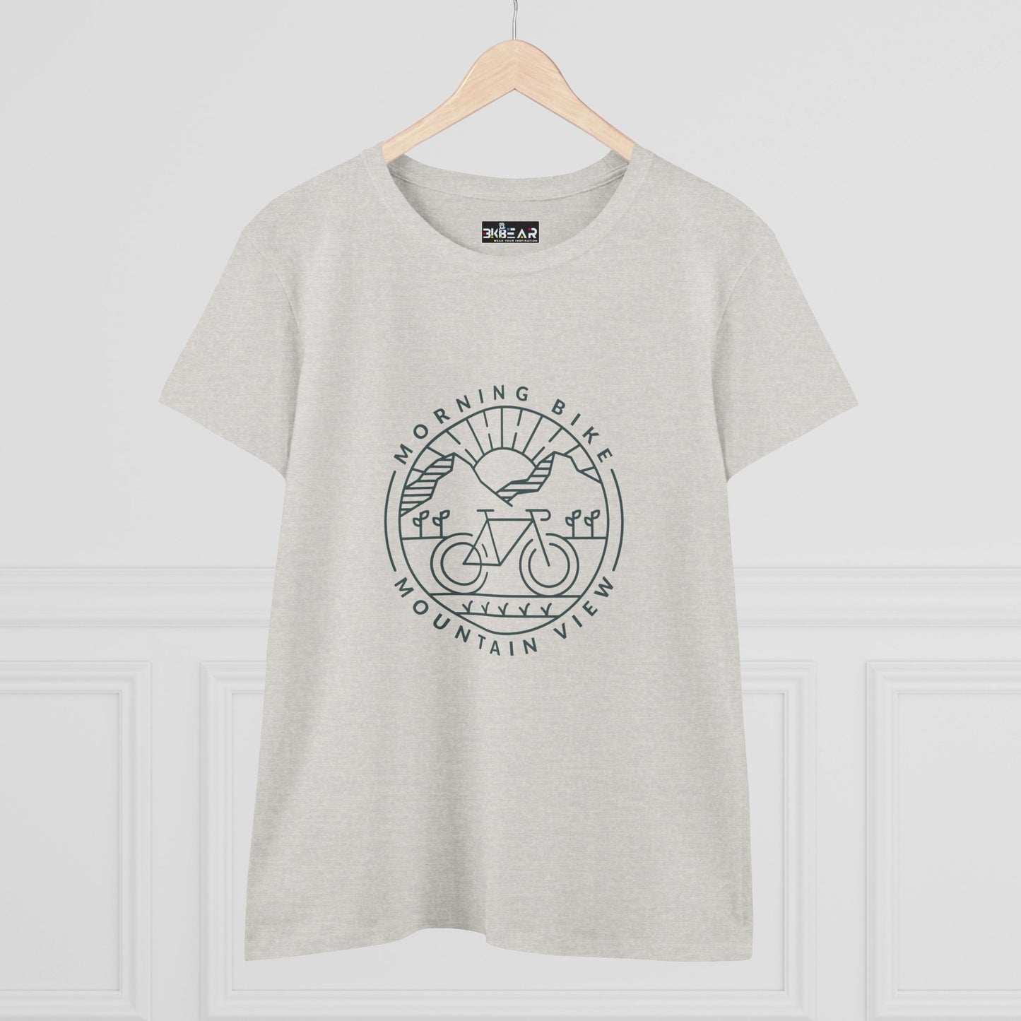 Light gray morning bike t-shirt from Printify featuring mountain view and bike graphic design