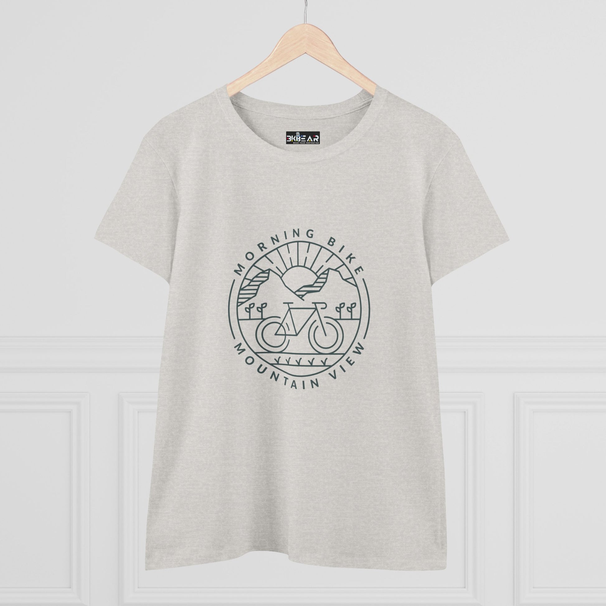 Light gray morning bike t-shirt from Printify featuring mountain view and bike graphic design