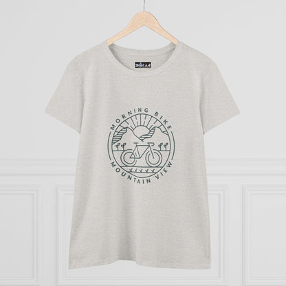 Light gray morning bike t-shirt from Printify featuring mountain view and bike graphic design