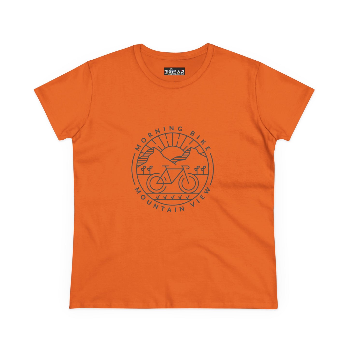 Orange Printify t-shirt with morning bike mountain view graphic design