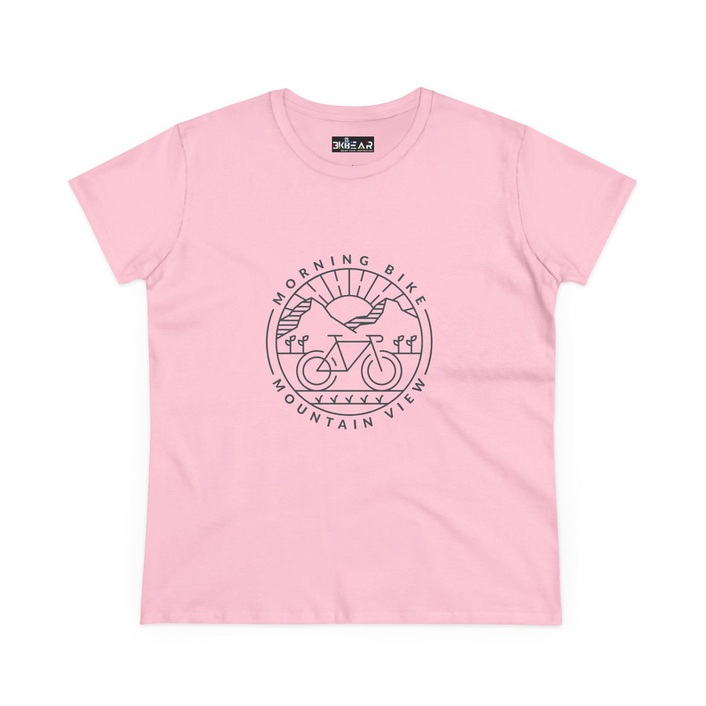 Pink Printify morning bike t-shirt with mountain view and bike illustration graphic