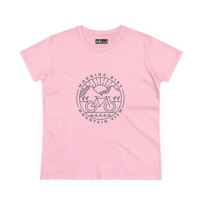 Pink Printify morning bike t-shirt with mountain view and bike illustration graphic