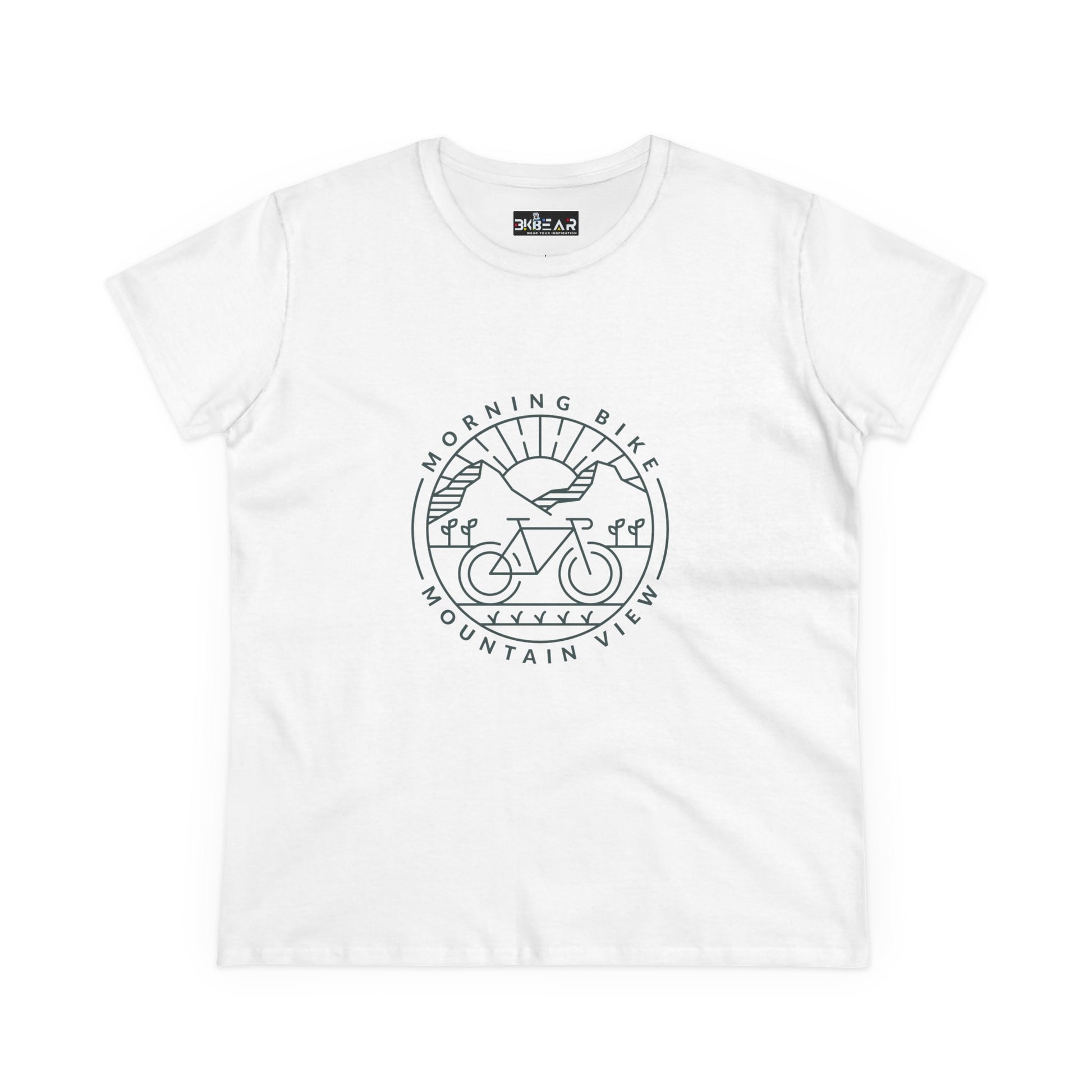White Printify morning bike t-shirt with mountain view and bicycle graphic design