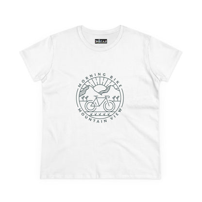 White Printify morning bike t-shirt with mountain view and bicycle graphic design