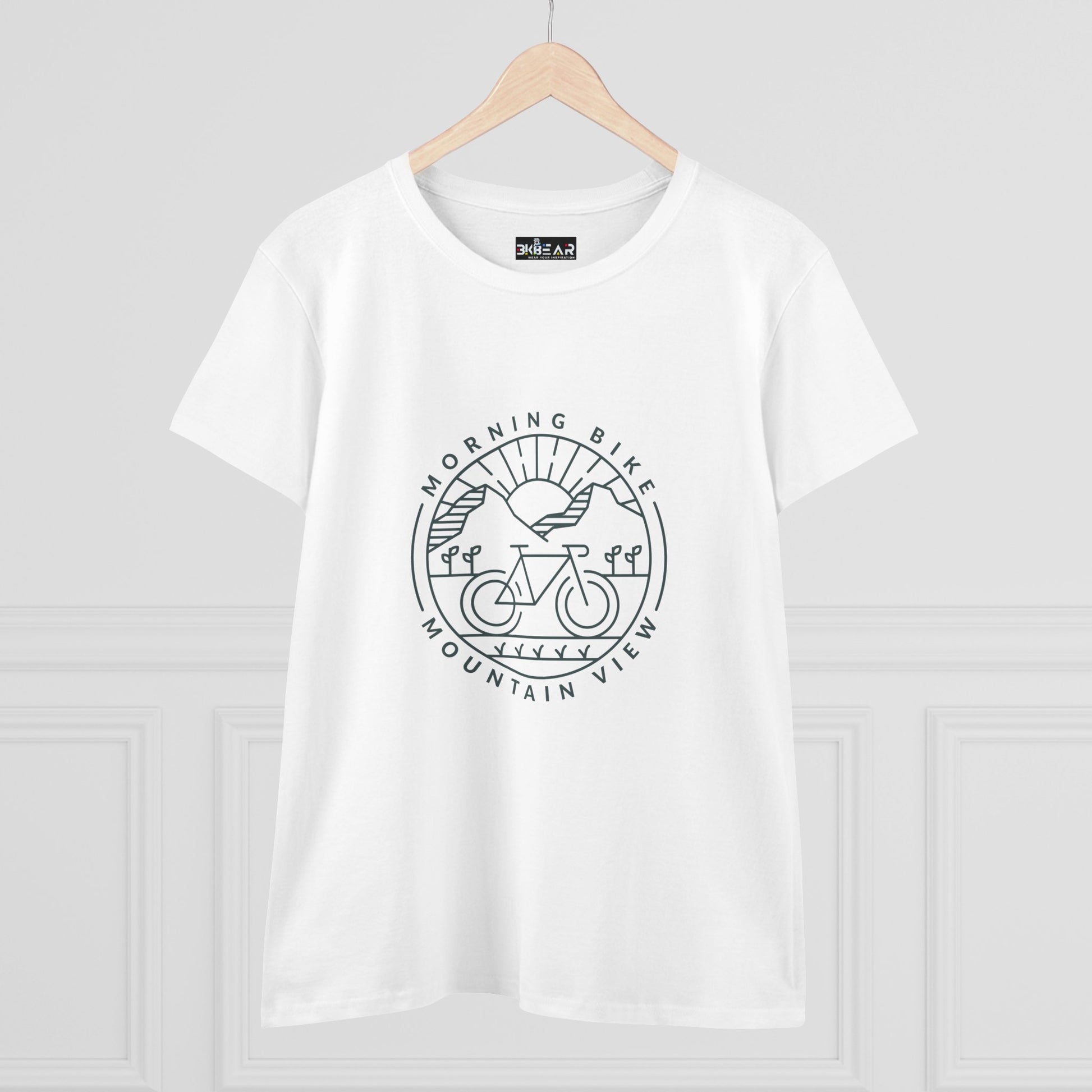 White Printify morning bike t-shirt with mountain view graphic and bicycle design on front