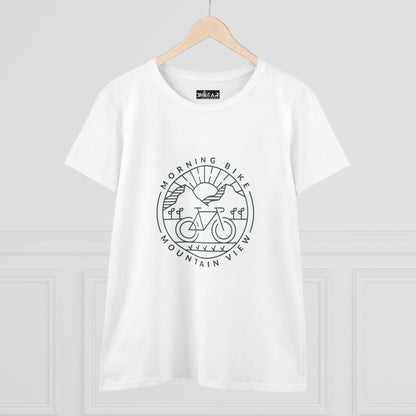 White Printify morning bike t-shirt with mountain view graphic and bicycle design on front