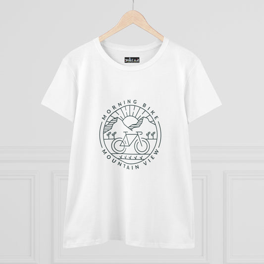 White Printify morning bike t-shirt with mountain view graphic and bicycle design on front