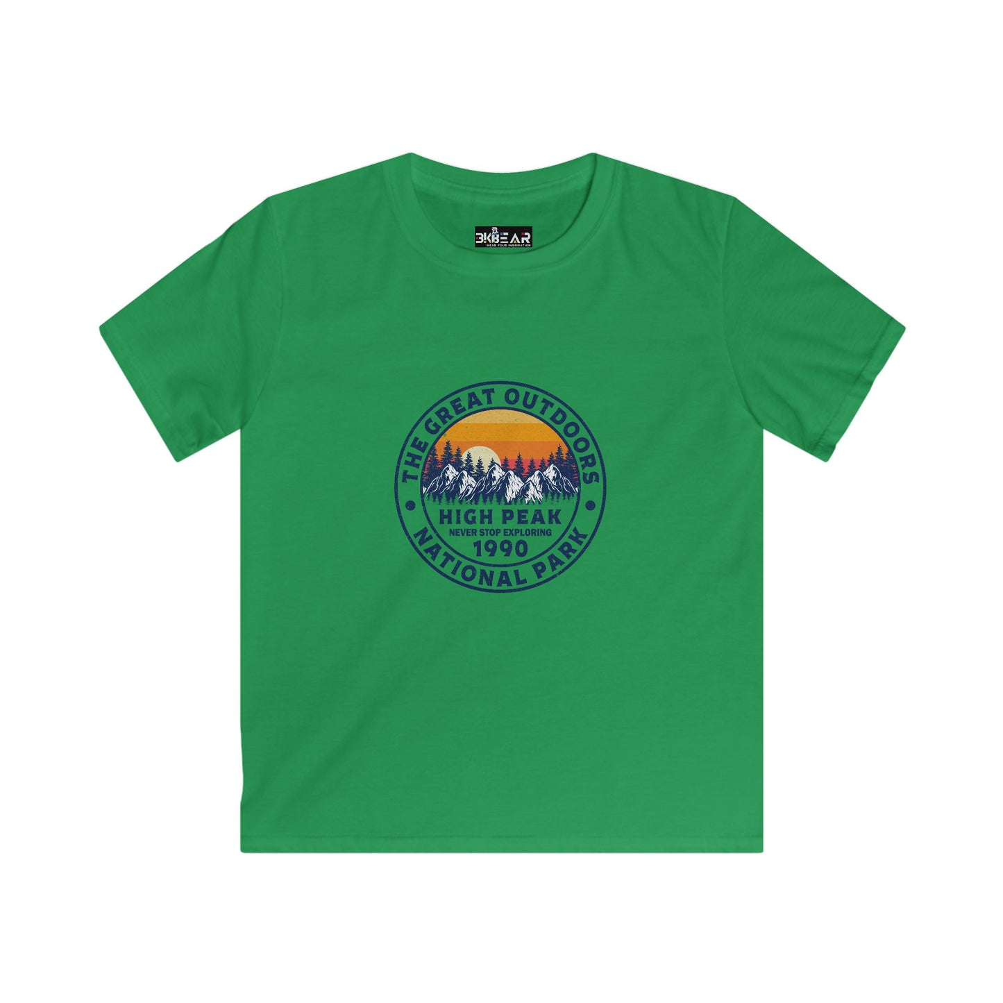 Green kids shirt with mountain and sunset design featuring the phrase never stop exploring kids shirt
