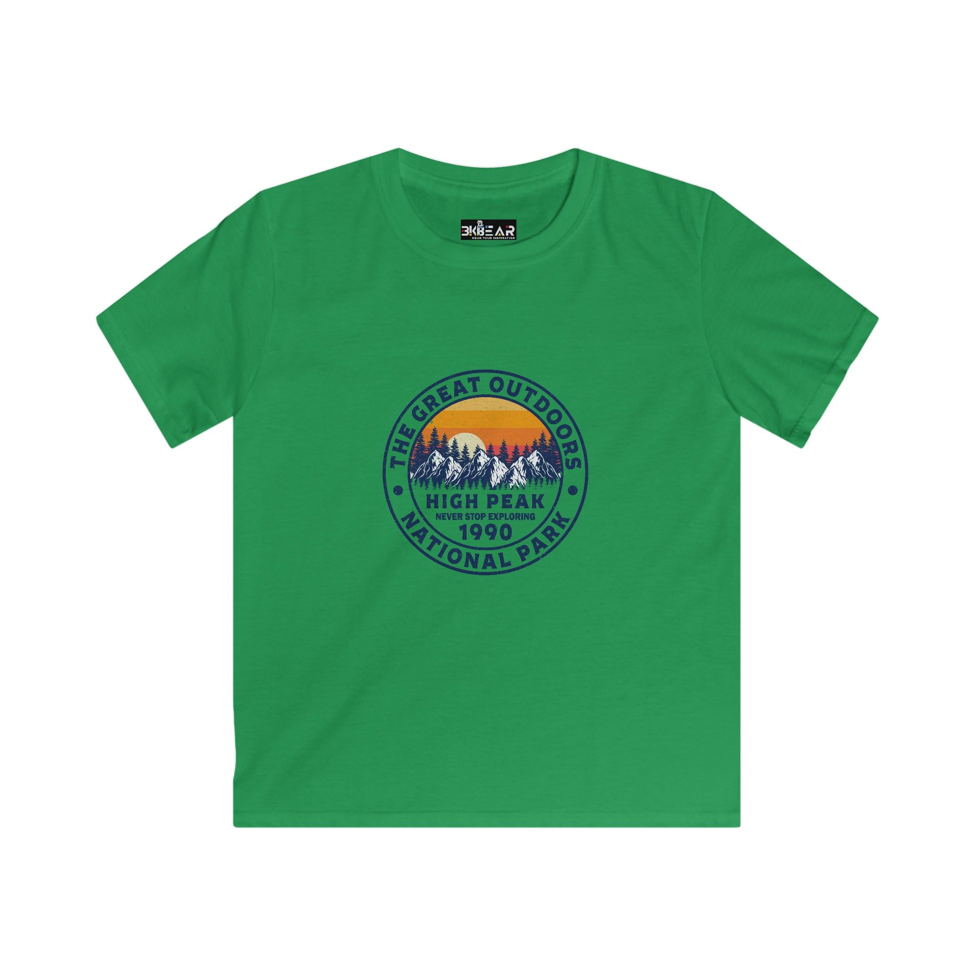 Green kids shirt with mountain and sunset design featuring the phrase never stop exploring kids shirt