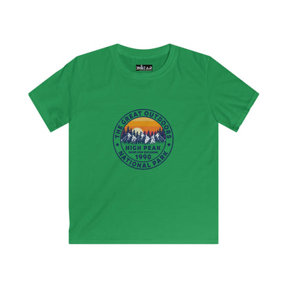 Green kids shirt with mountain and sunset design featuring the phrase never stop exploring kids shirt