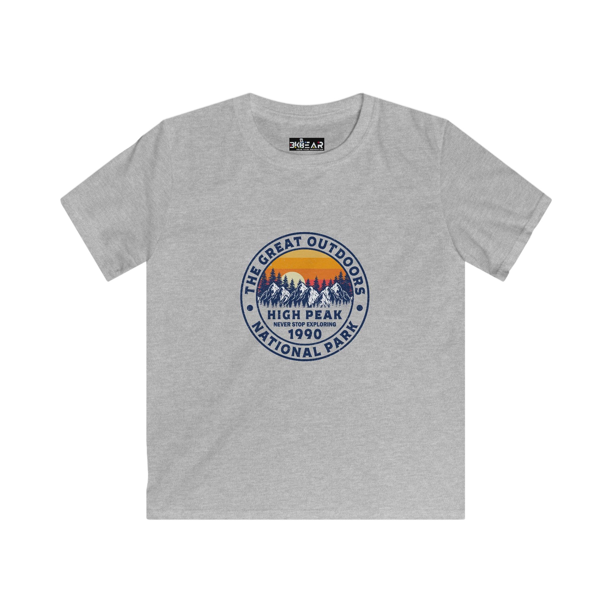 Printify grey kids shirt with vintage style outdoor graphic and never stop exploring kids shirt text