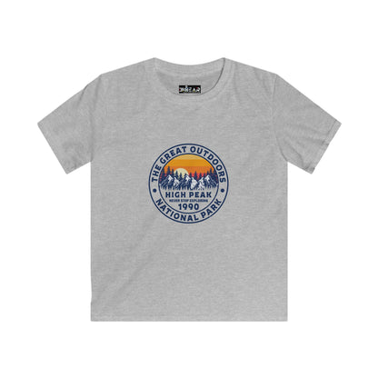 Printify grey kids shirt with vintage style outdoor graphic and never stop exploring kids shirt text