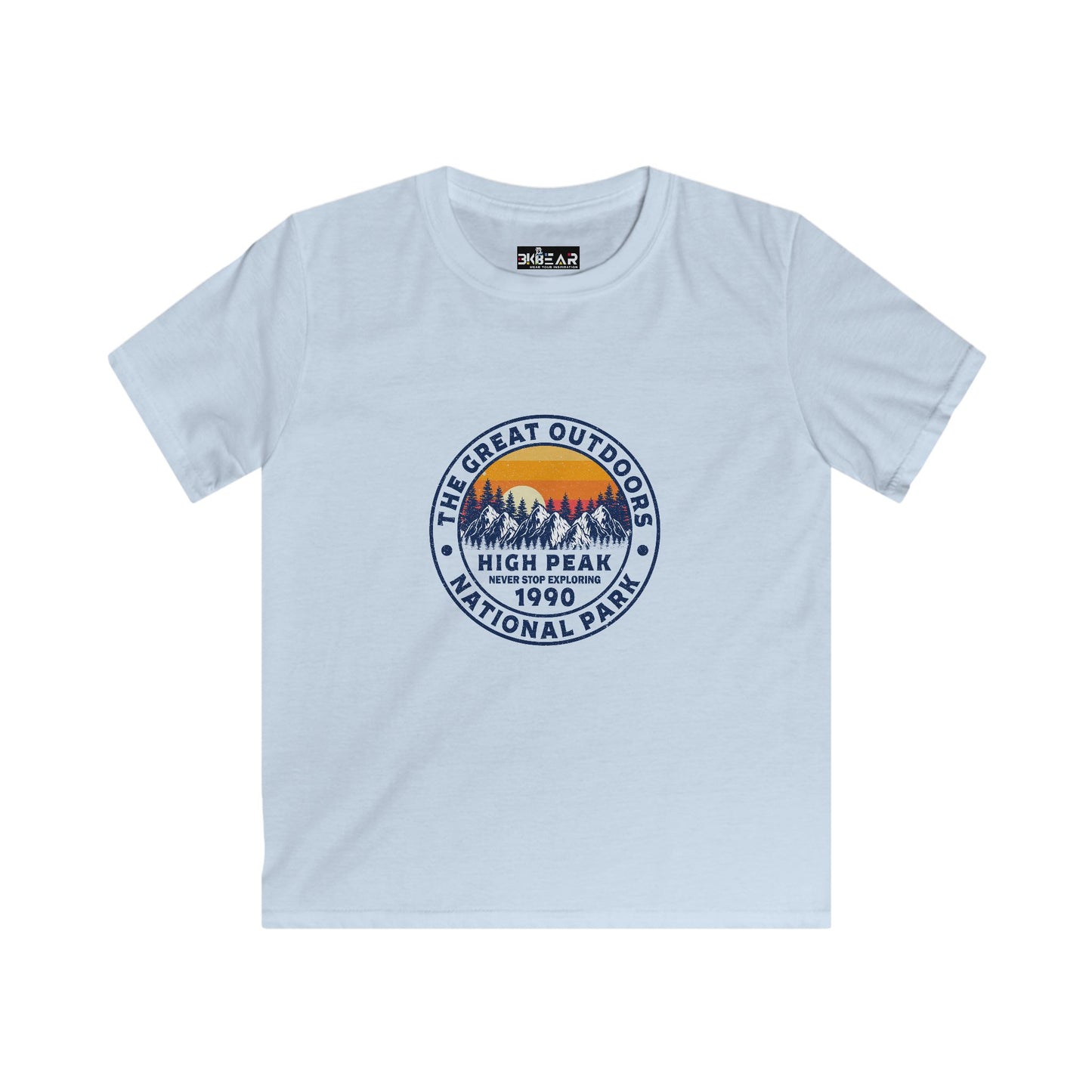 Light blue kids shirt with The Great Outdoors National Park print and never stop exploring kids shirt design