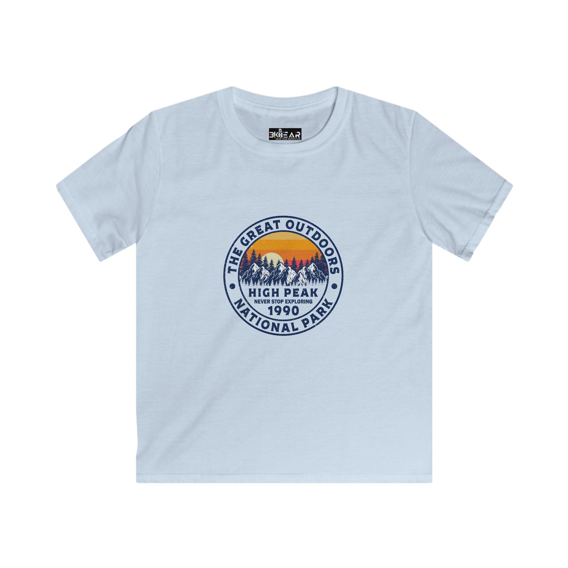 Light blue kids shirt with The Great Outdoors National Park print and never stop exploring kids shirt design