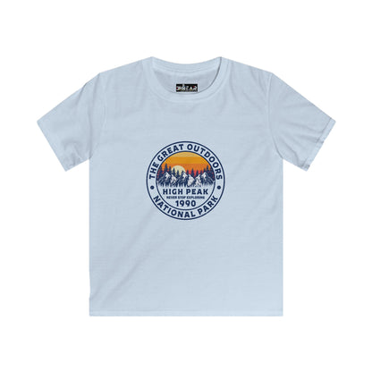Light blue kids shirt with The Great Outdoors National Park print and never stop exploring kids shirt design