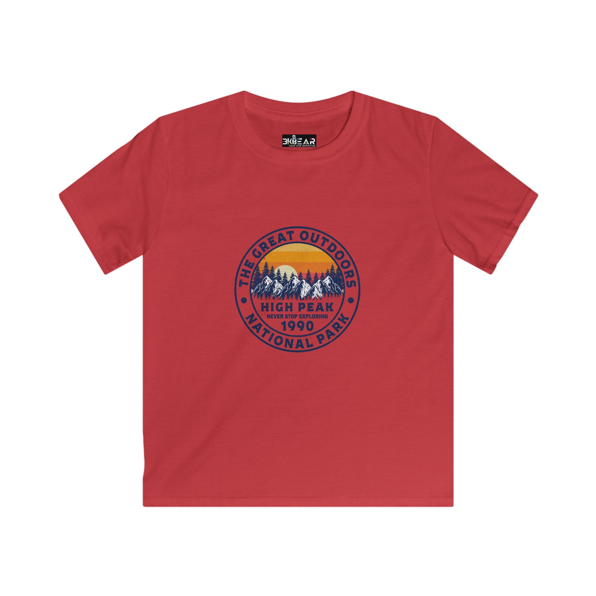 Red kids shirt with national park mountain design featuring the never stop exploring kids shirt