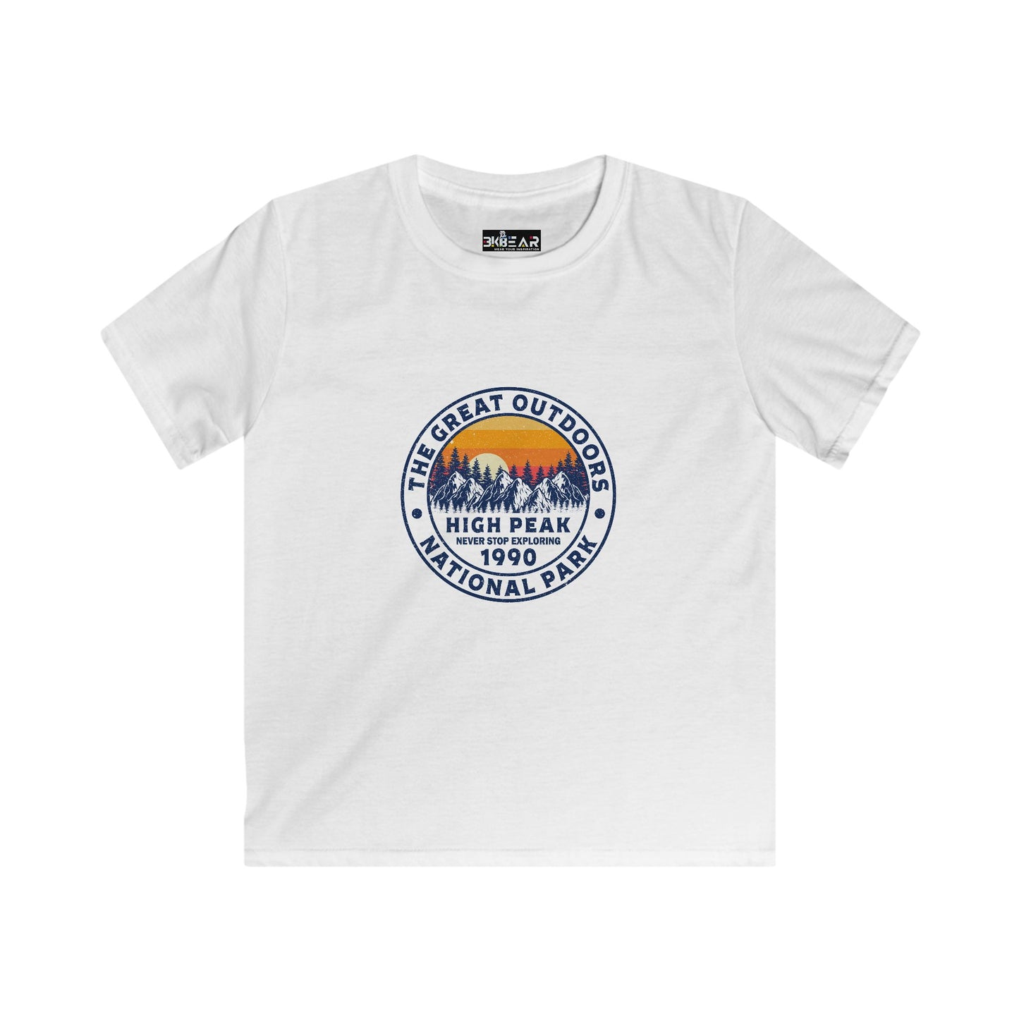 White kids shirt with The Great Outdoors High Peak National Park design and never stop exploring kids shirt text