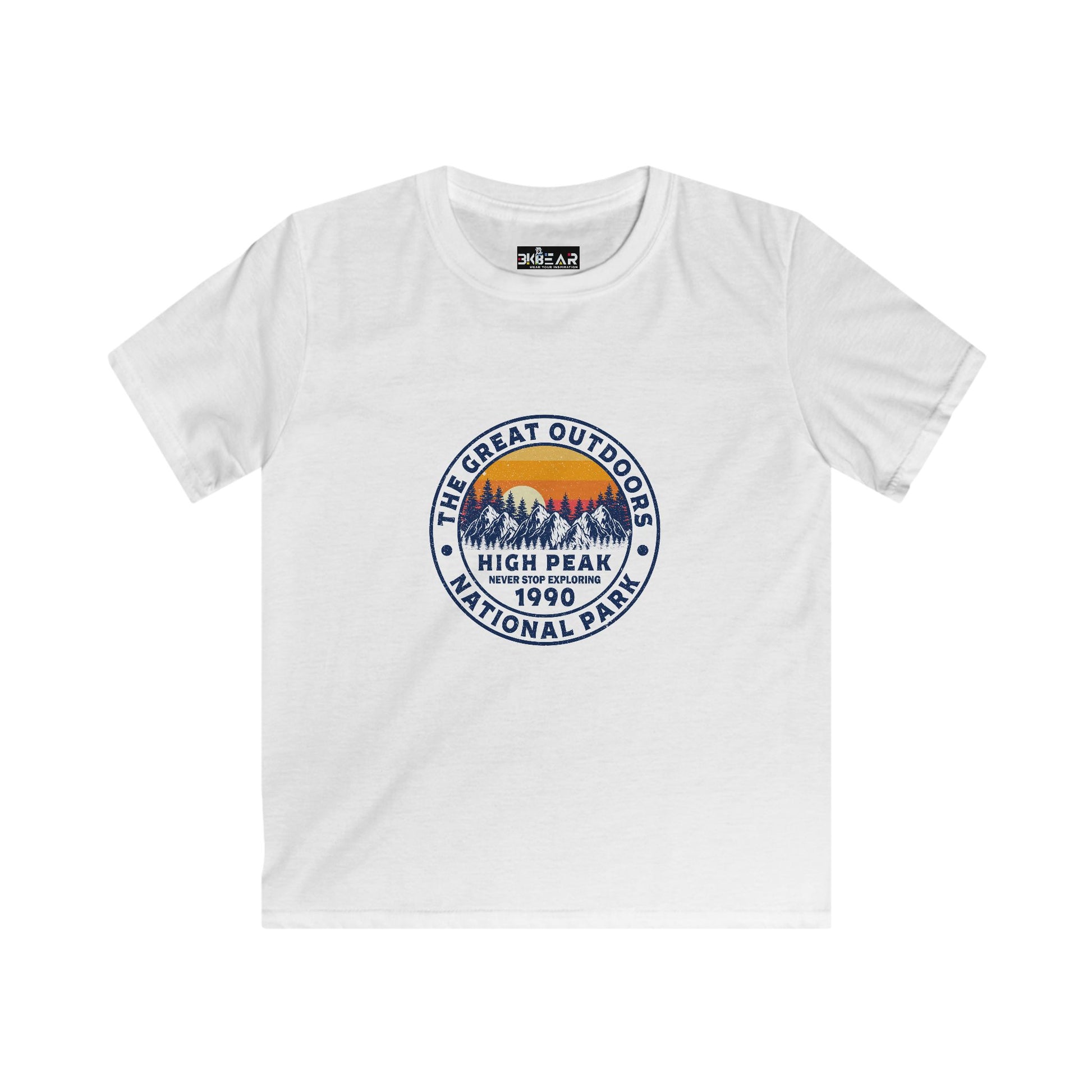 White kids shirt with The Great Outdoors High Peak National Park design and never stop exploring kids shirt text
