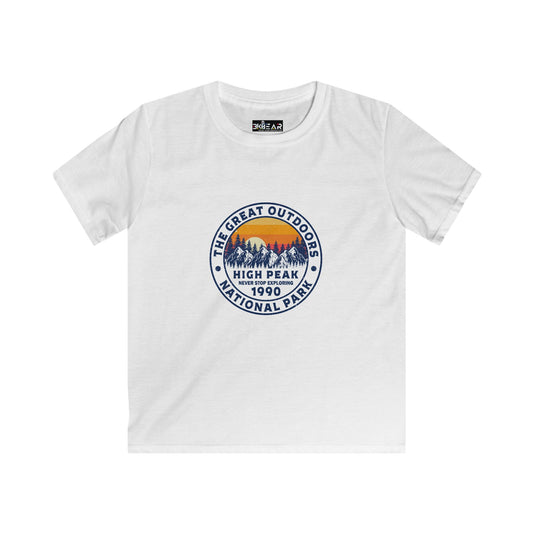 White kids shirt with The Great Outdoors High Peak National Park design and never stop exploring kids shirt text