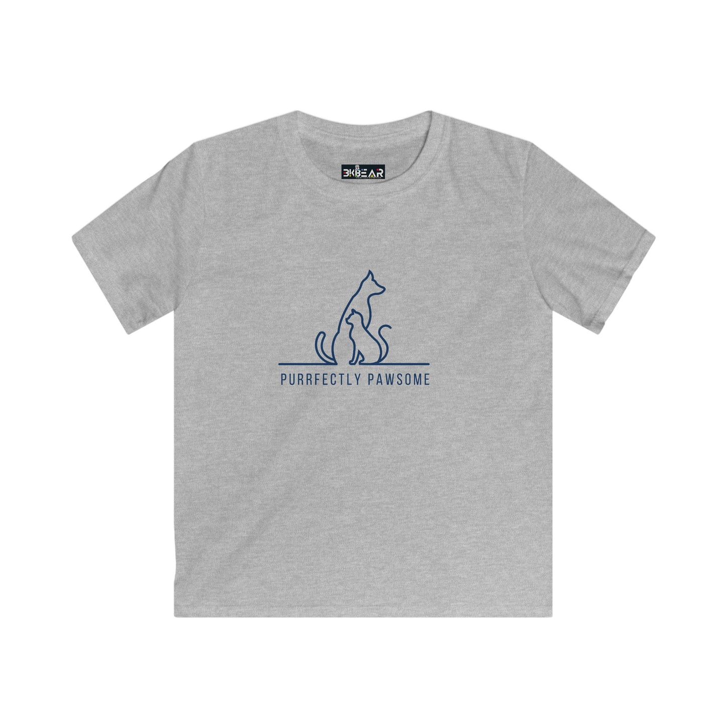 Gray kids t-shirt with blue cat and dog outline and purrfectly pawsome kids tee text