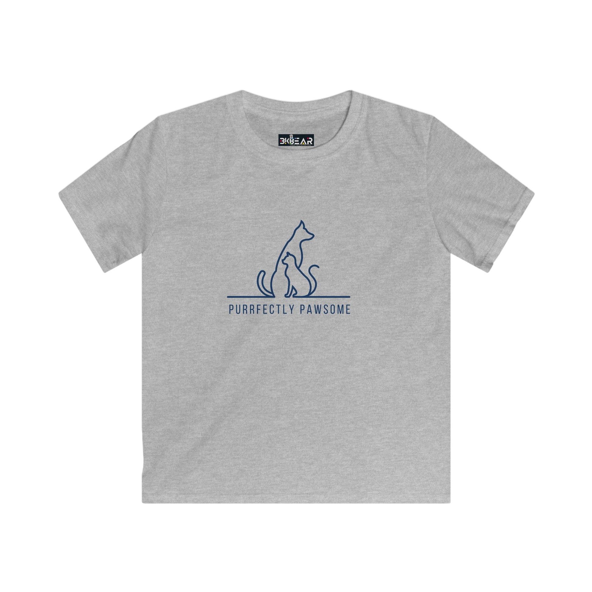 Gray kids t-shirt with blue cat and dog outline and purrfectly pawsome kids tee text